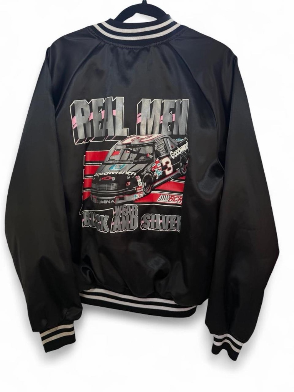 Vintage 90s NASCAR Dale Earnhardt black satin bomber jacket size XL